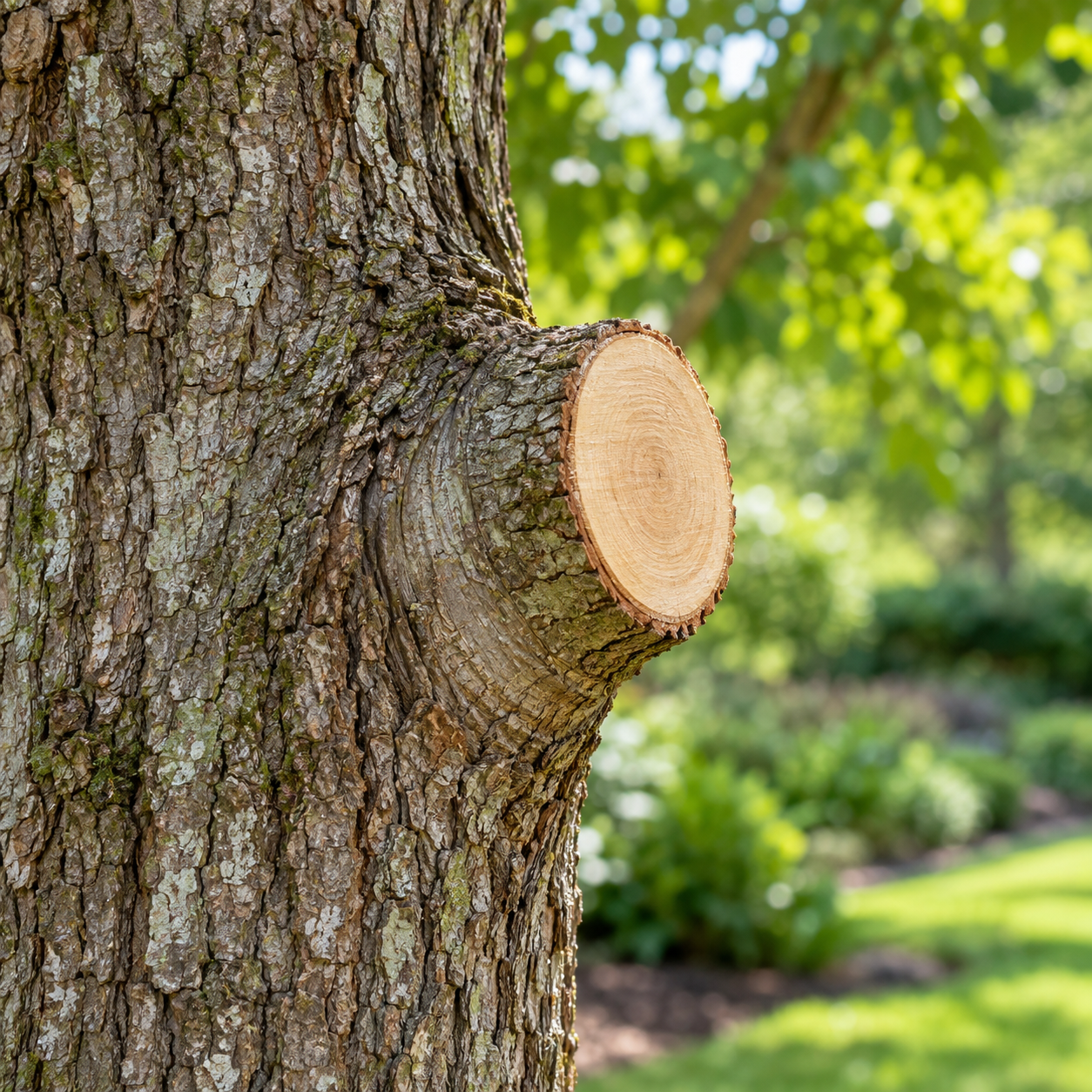 Clean pruning cut near a hardwood branch collar