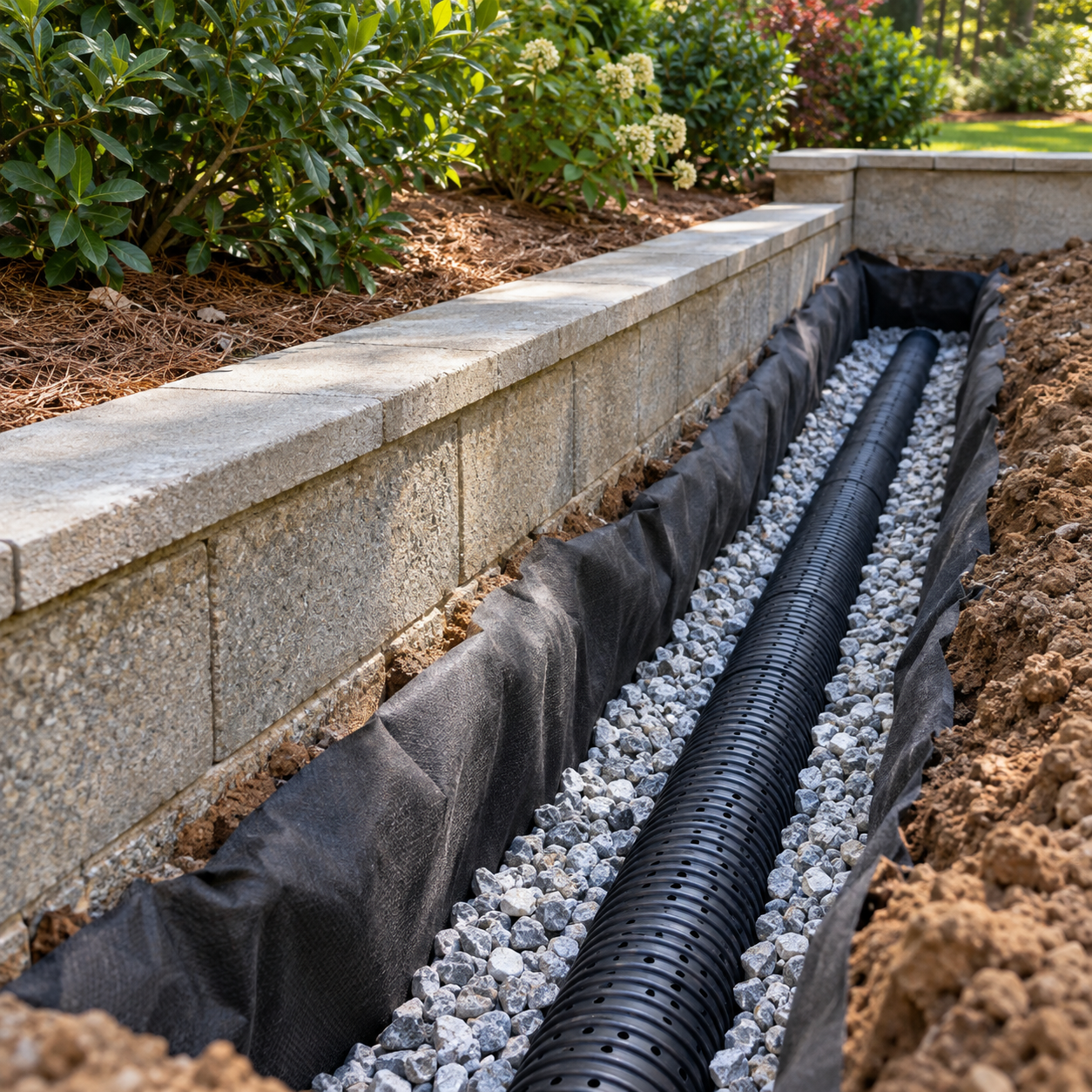 Drain trench with gravel and perforated pipe beside a retaining wall