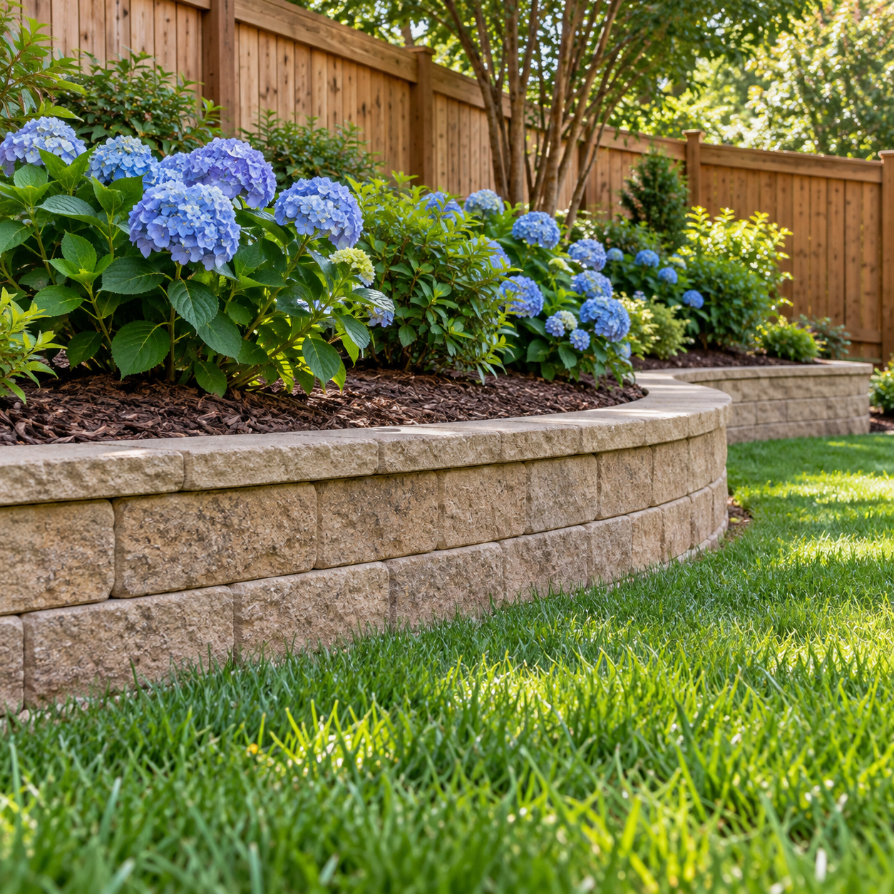 Curved garden retaining wall with hydrangeas behind it