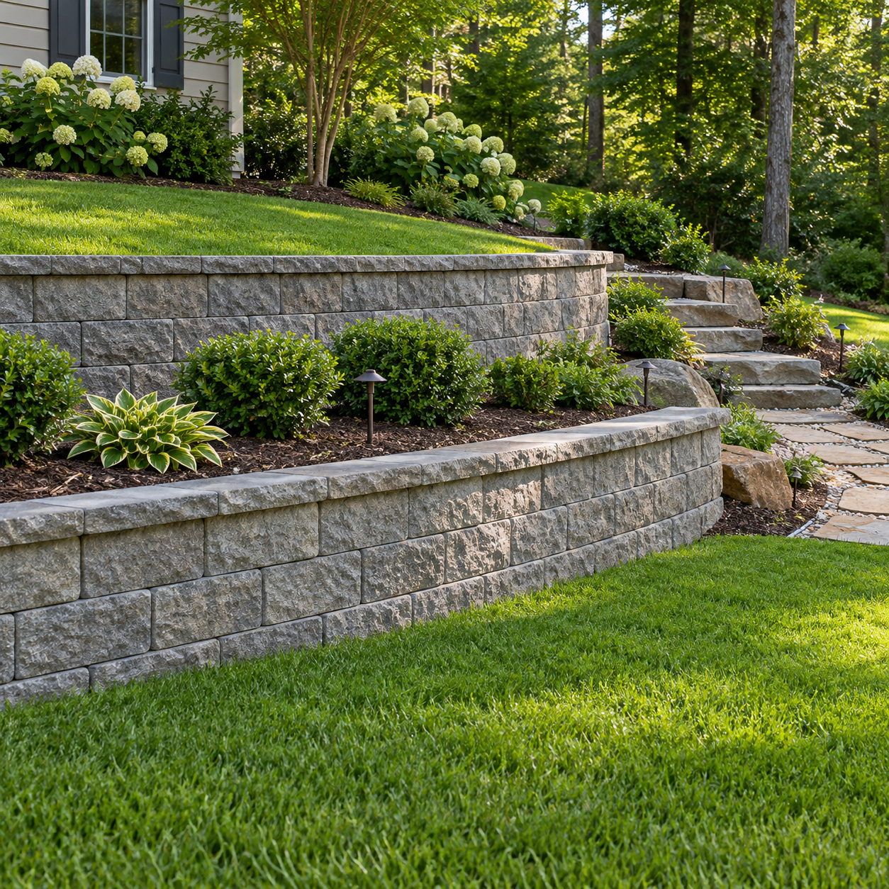 Terraced backyard slope with two low block retaining walls