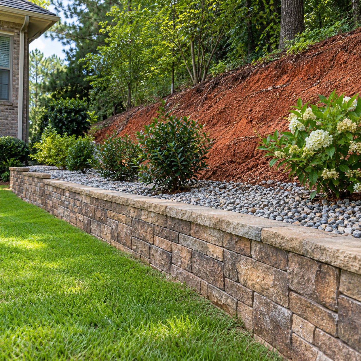 Retaining wall supporting a red clay slope with gravel protection