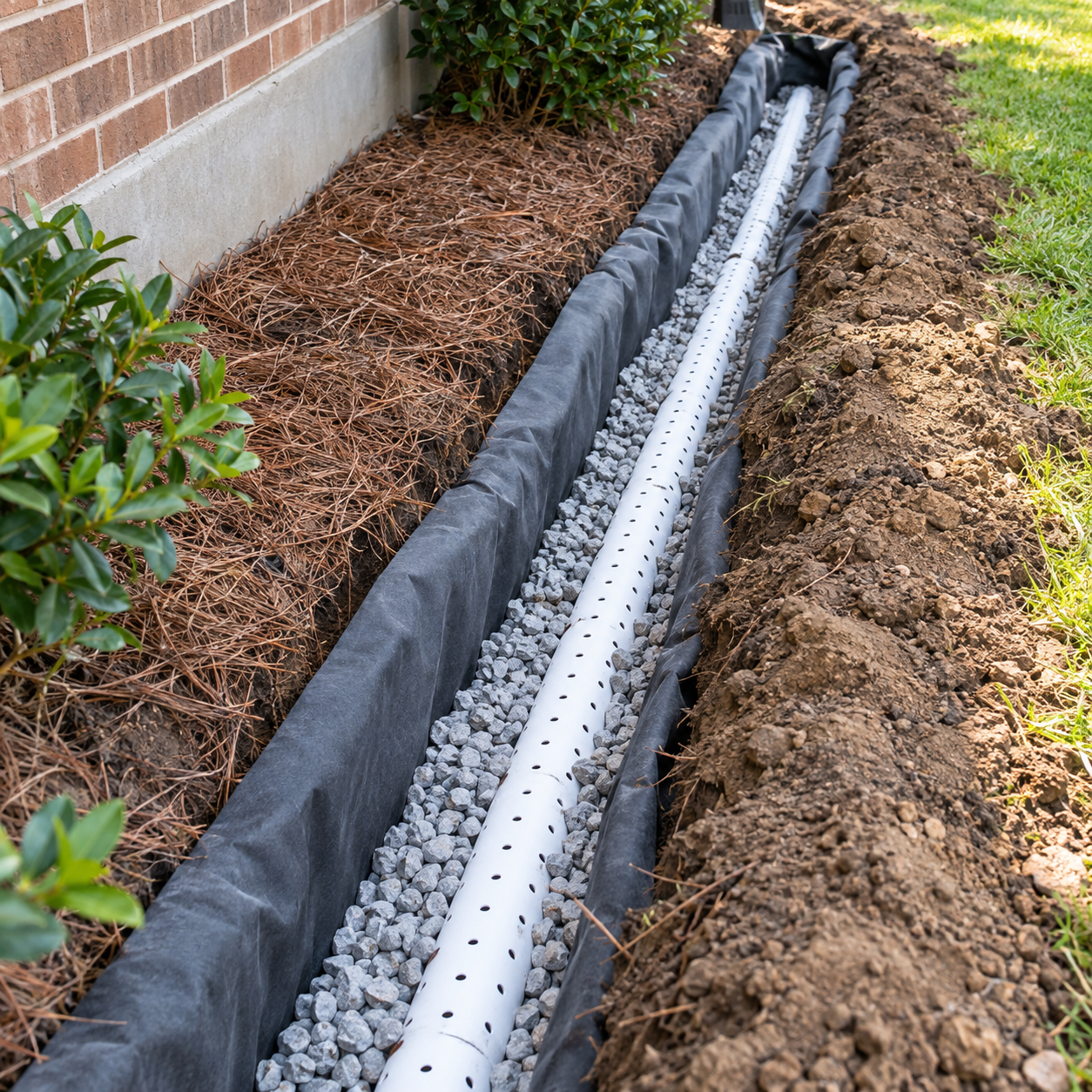 French drain installation with white perforated pipe and filter fabric