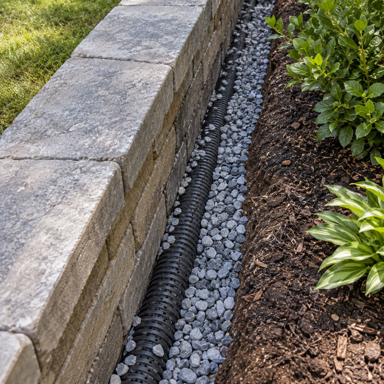 Gravel drainage channel and perforated pipe behind a low retaining wall