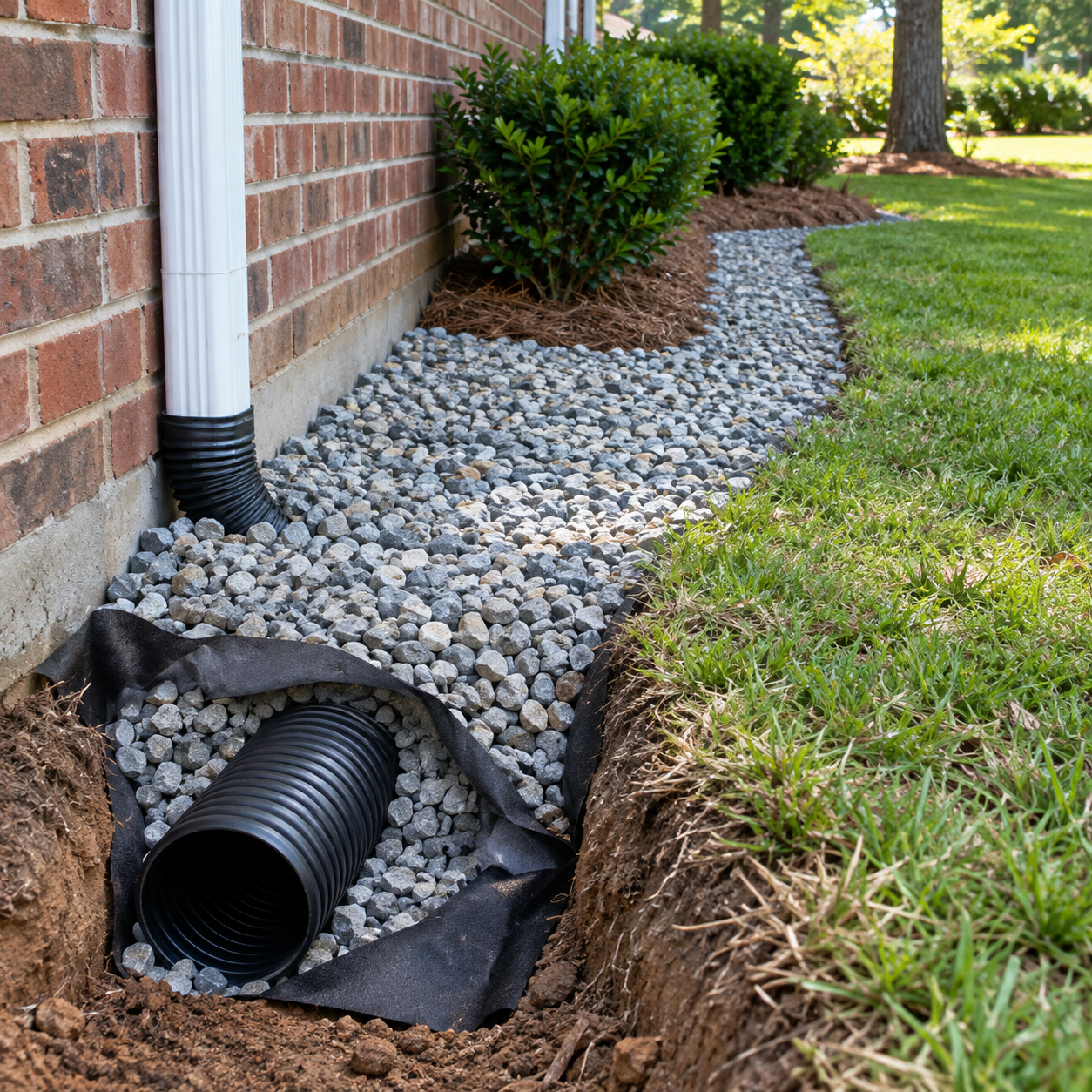 Gravel drainage strip and exposed pipe beside a brick house foundation