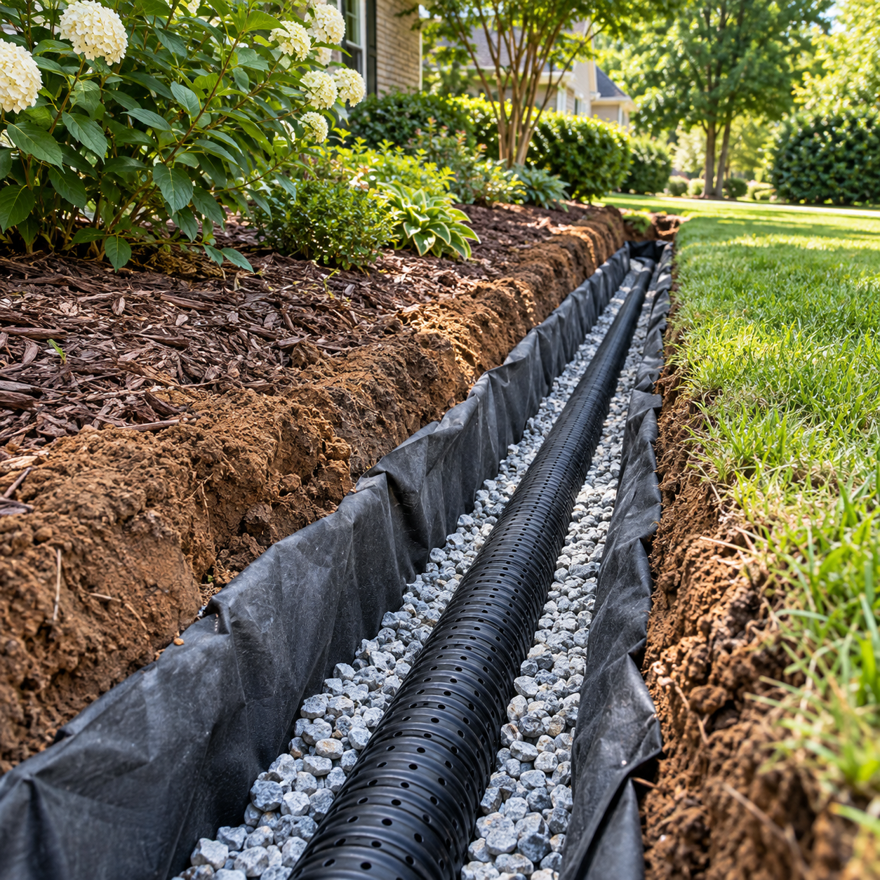 Open drainage trench with gravel and perforated pipe beside a garden bed