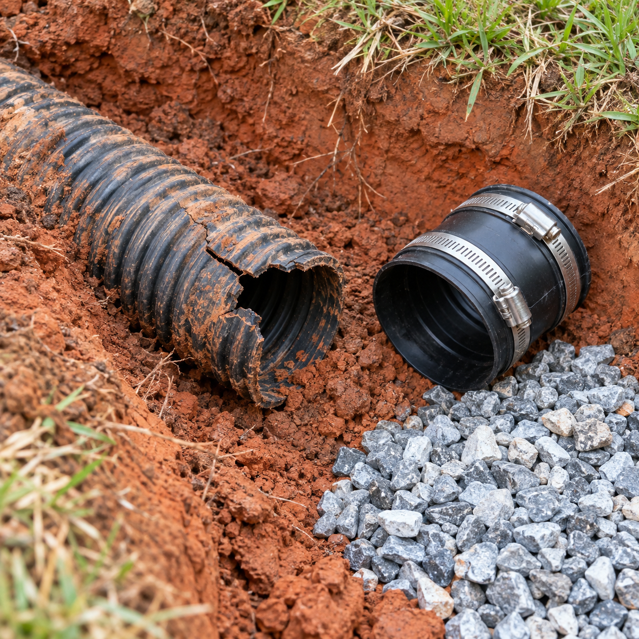 Excavated damaged yard drain pipe beside a replacement coupling