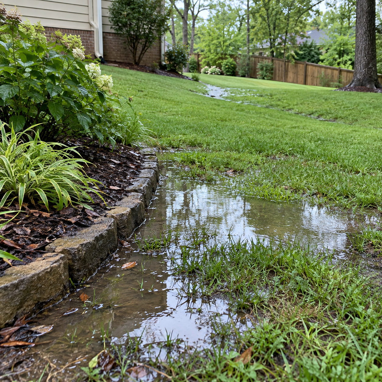 Shallow pooled rainwater near a residential garden edge