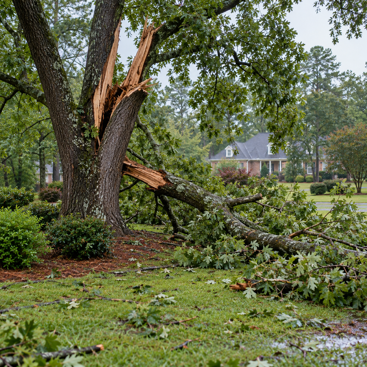 Storm damaged hardwood tree with fallen branches across a residential lawn
