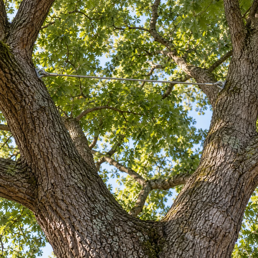 Subtle tree support cable connecting two substantial stems within a healthy oak canopy