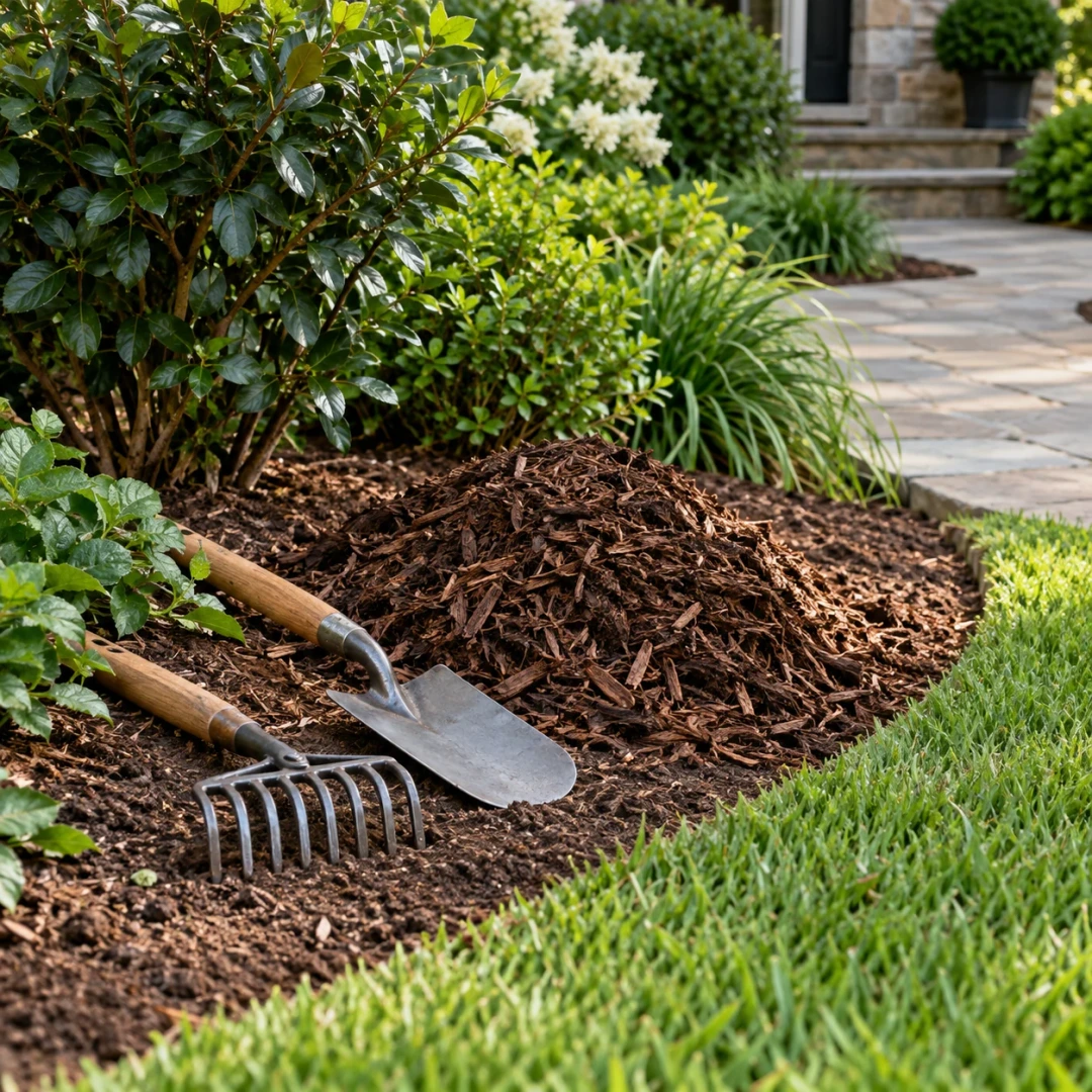 Hand tools prepared beside a garden bed for edging and mulch maintenance