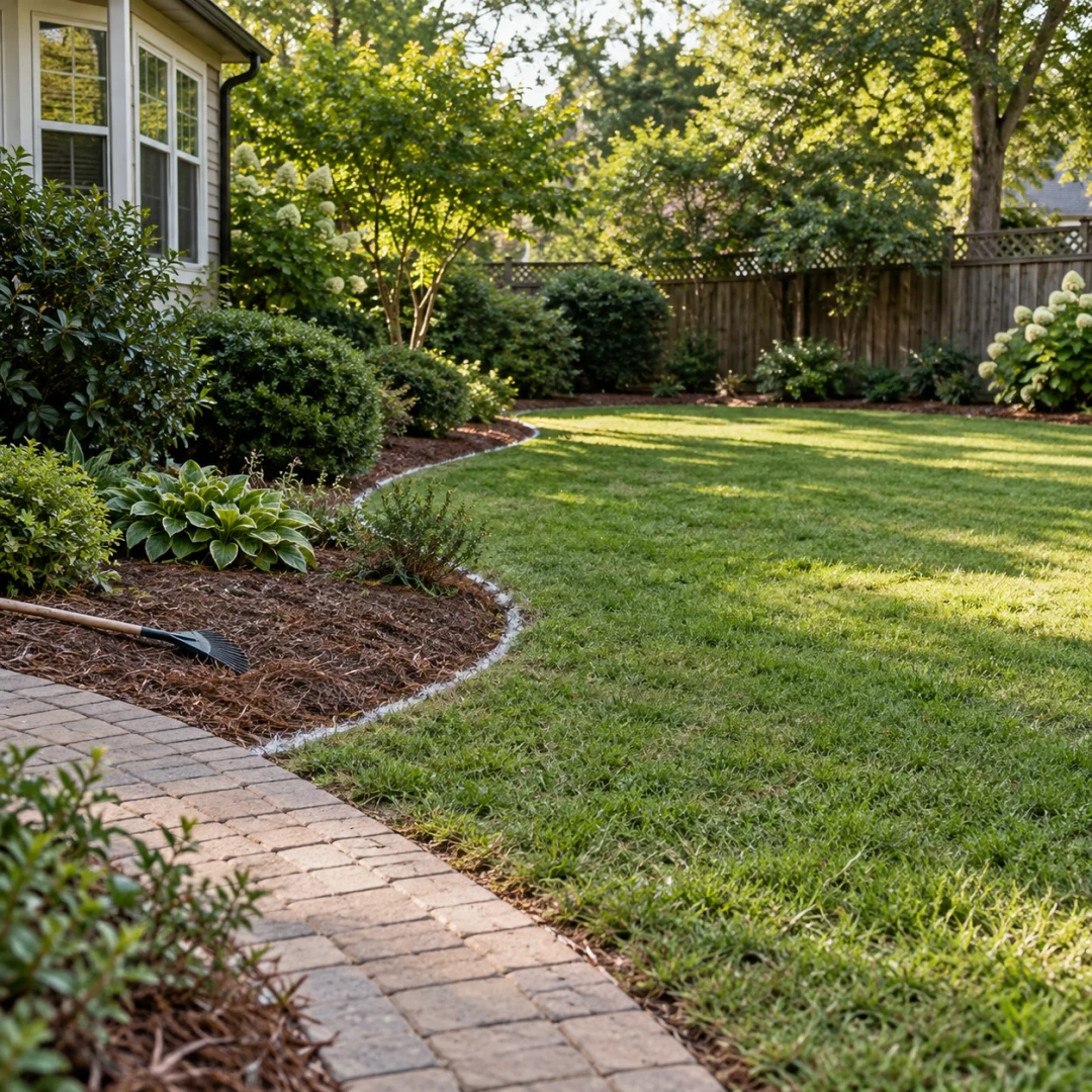 Existing lawn and planting bed with a marked boundary for a yard refresh