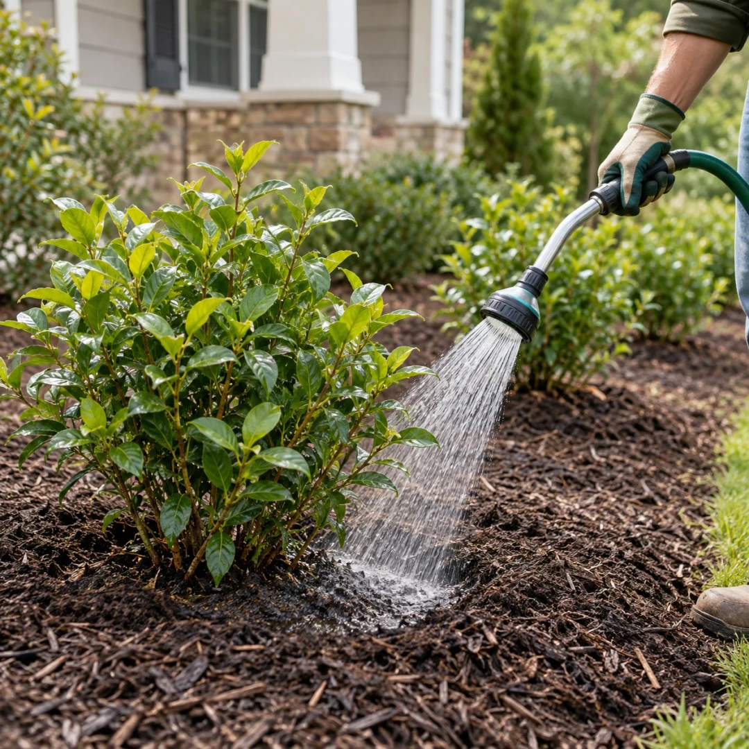 Newly installed shrub receiving careful watering in a mulched garden bed