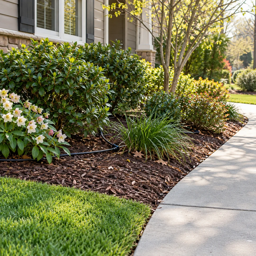 Established garden bed with an accessible irrigation hose and clean pathway
