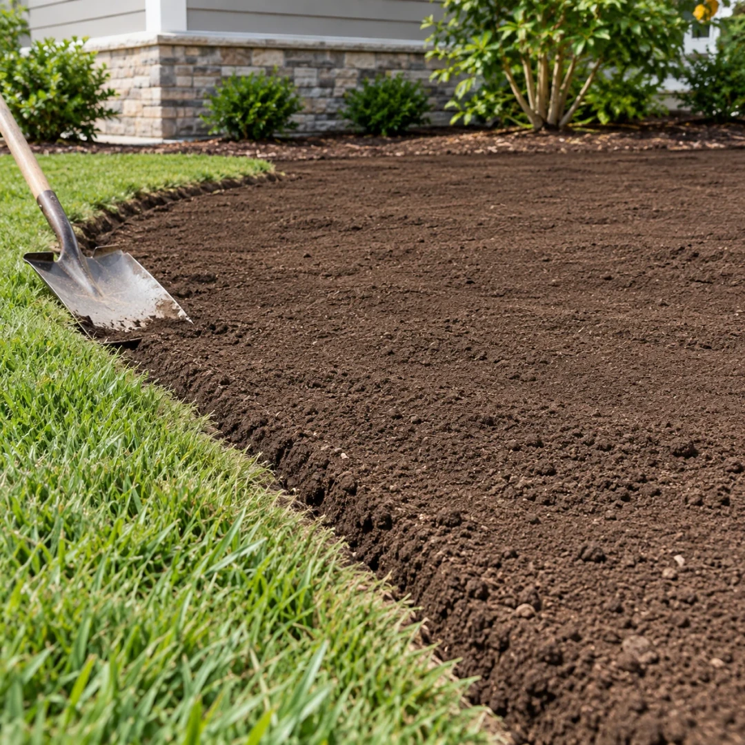 Prepared topsoil and lawn boundary before sod placement