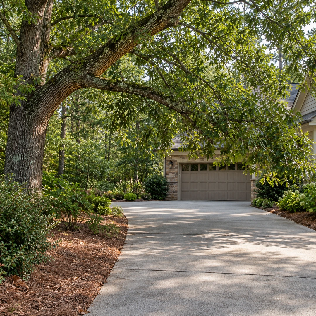selected low tree limb crowding a residential driveway while the mature tree remains standing