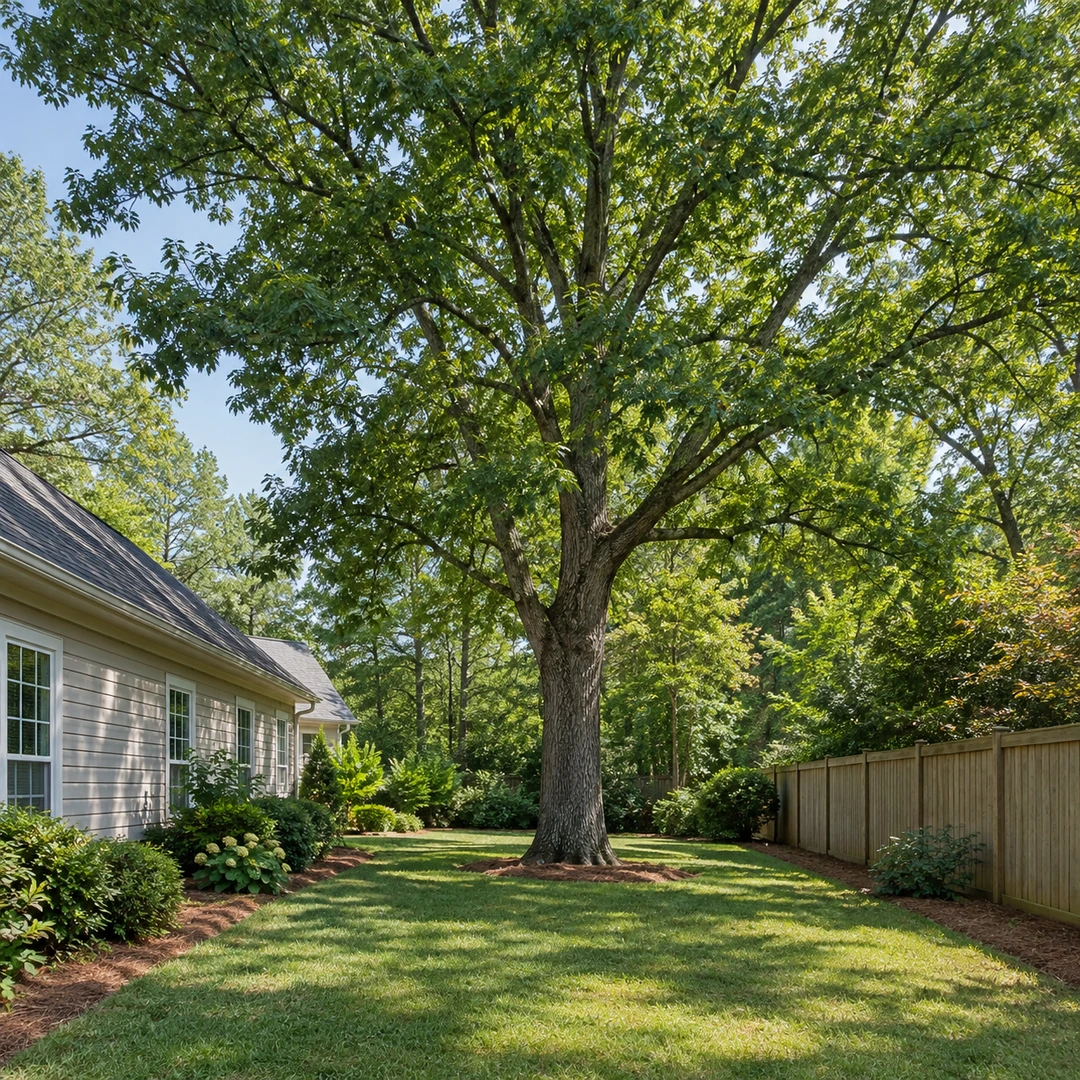 wide view of a mature backyard shade tree between a home and fence with open lawn access for a canopy assessment