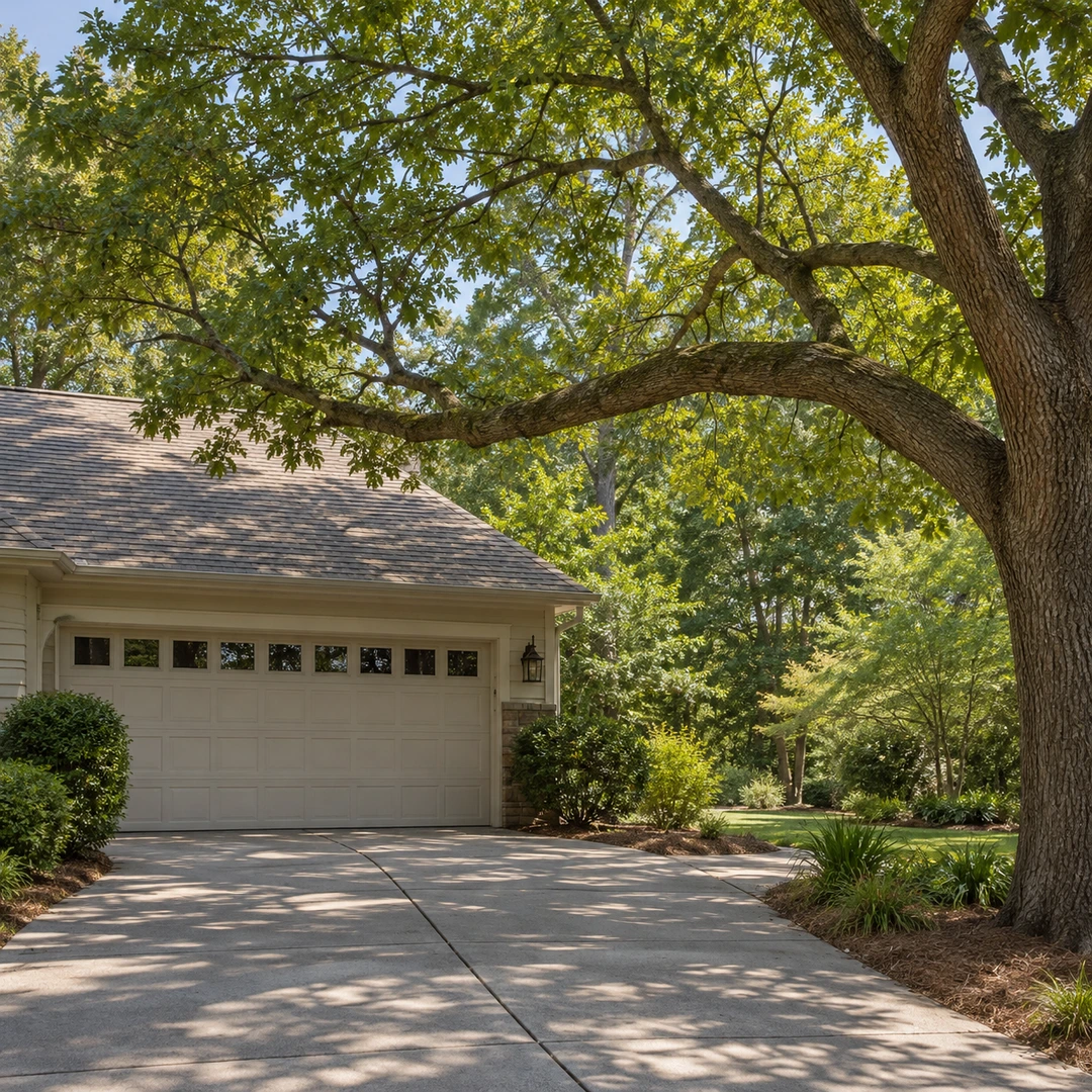 a selected thick tree limb extending into a residential driveway, clear view of its attachment and the retained canopy, no active cutting
