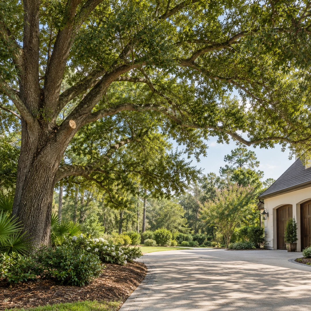 a healthy mature shade tree remaining after selective limb removal with balanced canopy above an open driveway, subtle clean cut visible