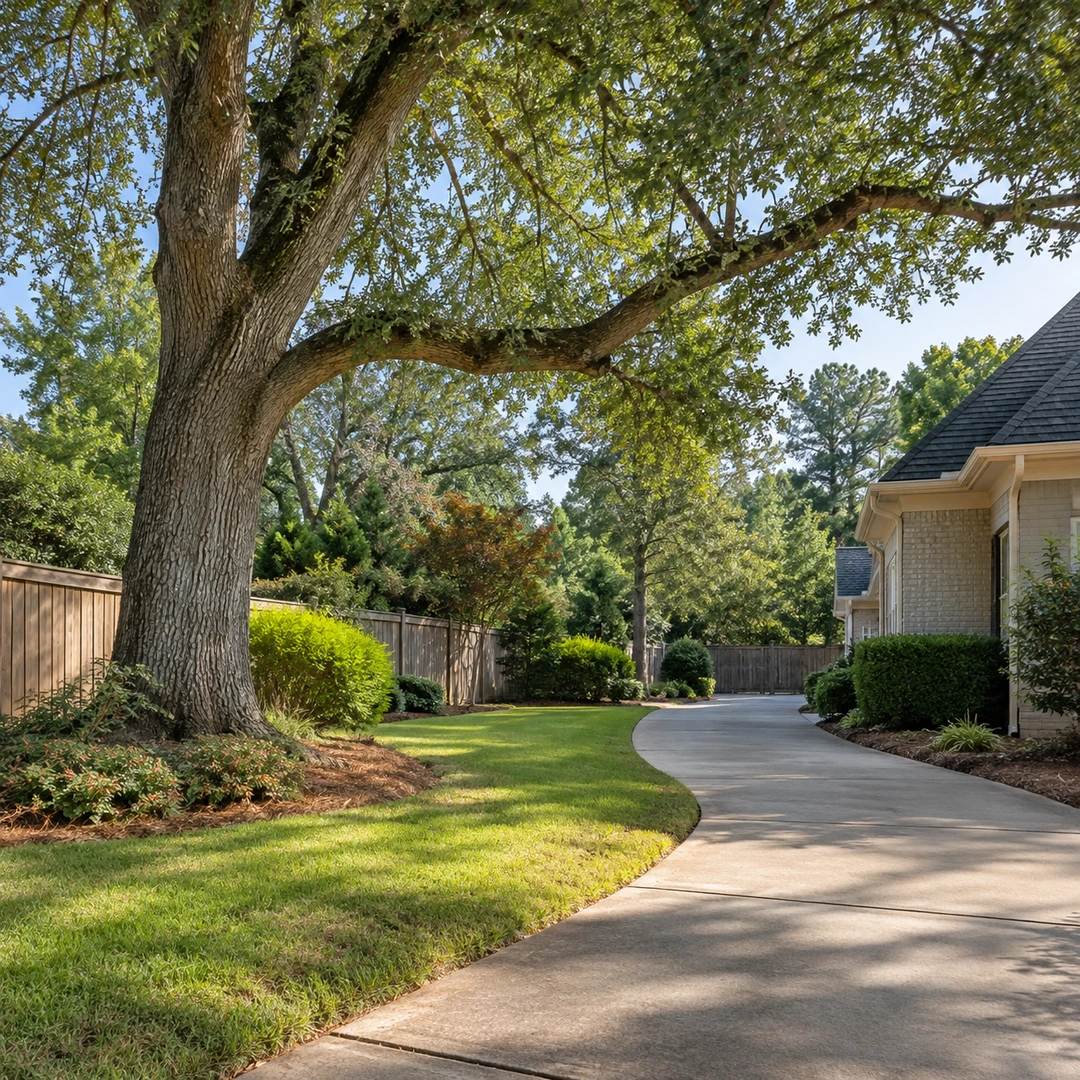 wide suburban Georgia property showing a mature tree with a low branch near a driveway and fence with clear access around the house