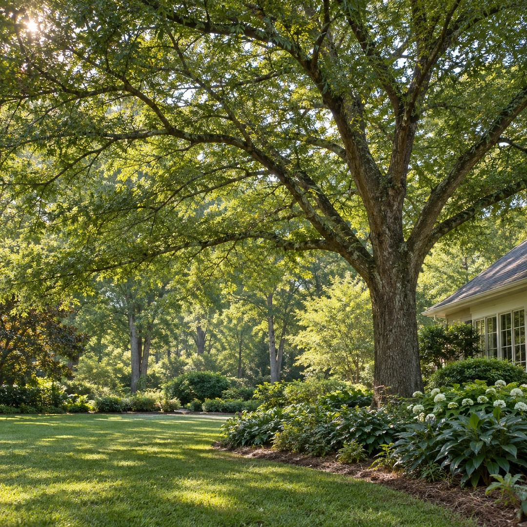 a mature shade tree with an evenly spaced naturally full canopy and gentle filtered sunlight reaching the garden below