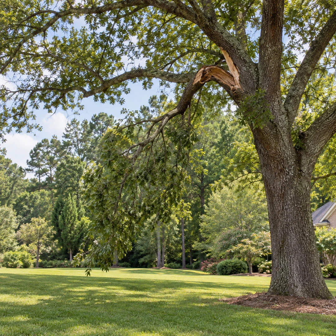 a broken partially hanging branch in a mature Georgia tree observed from a broad open lawn with nobody underneath