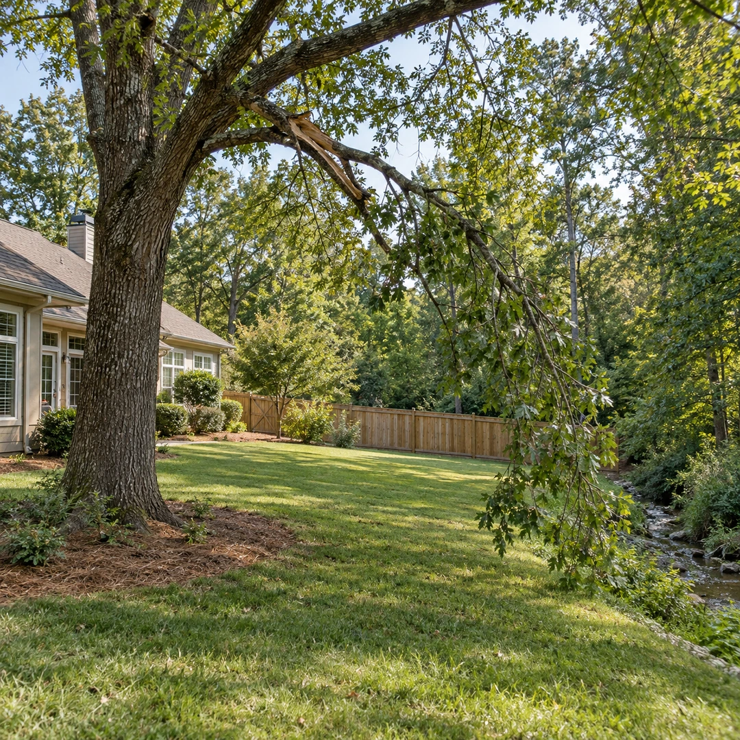 wide Georgia backyard with a mature tree showing a damaged hanging branch at safe viewing distance, house and fence with clear access