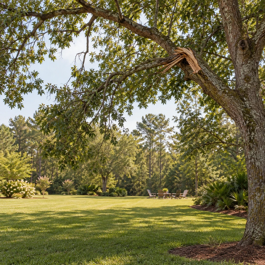 broad open lawn underneath a visibly damaged tree branch with outdoor furniture positioned far away and no people