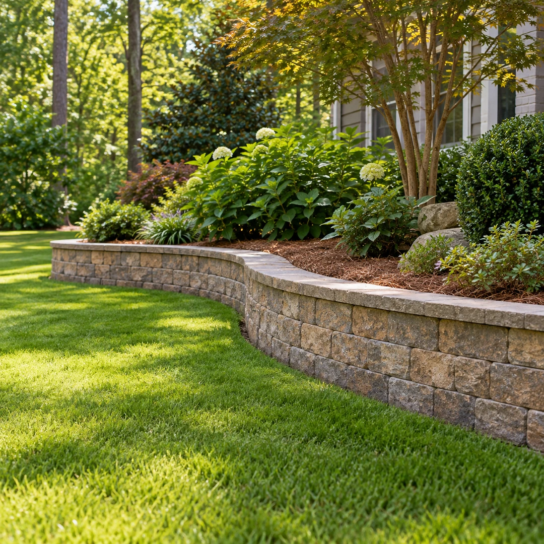 a low curved segmental block landscape retaining wall separating a level Georgia lawn from a raised planting bed