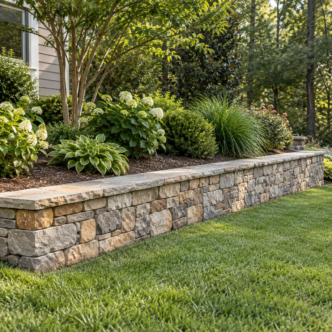 a straight low stone landscape wall supporting a defined planting bed beside a backyard lawn, wall footprint clearly visible
