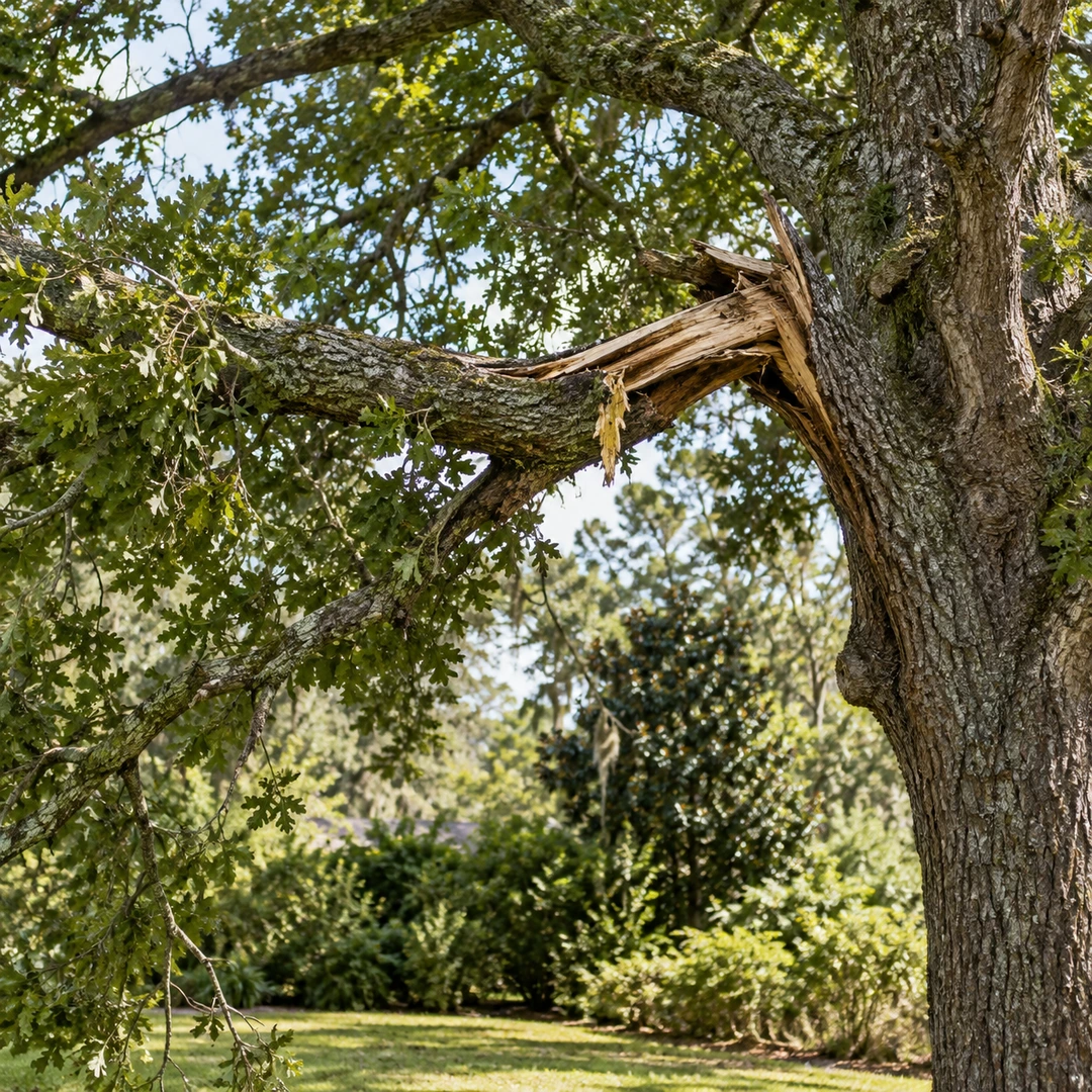 close telephoto view of a split broken branch still partially attached to a mature tree, no people or work beneath it