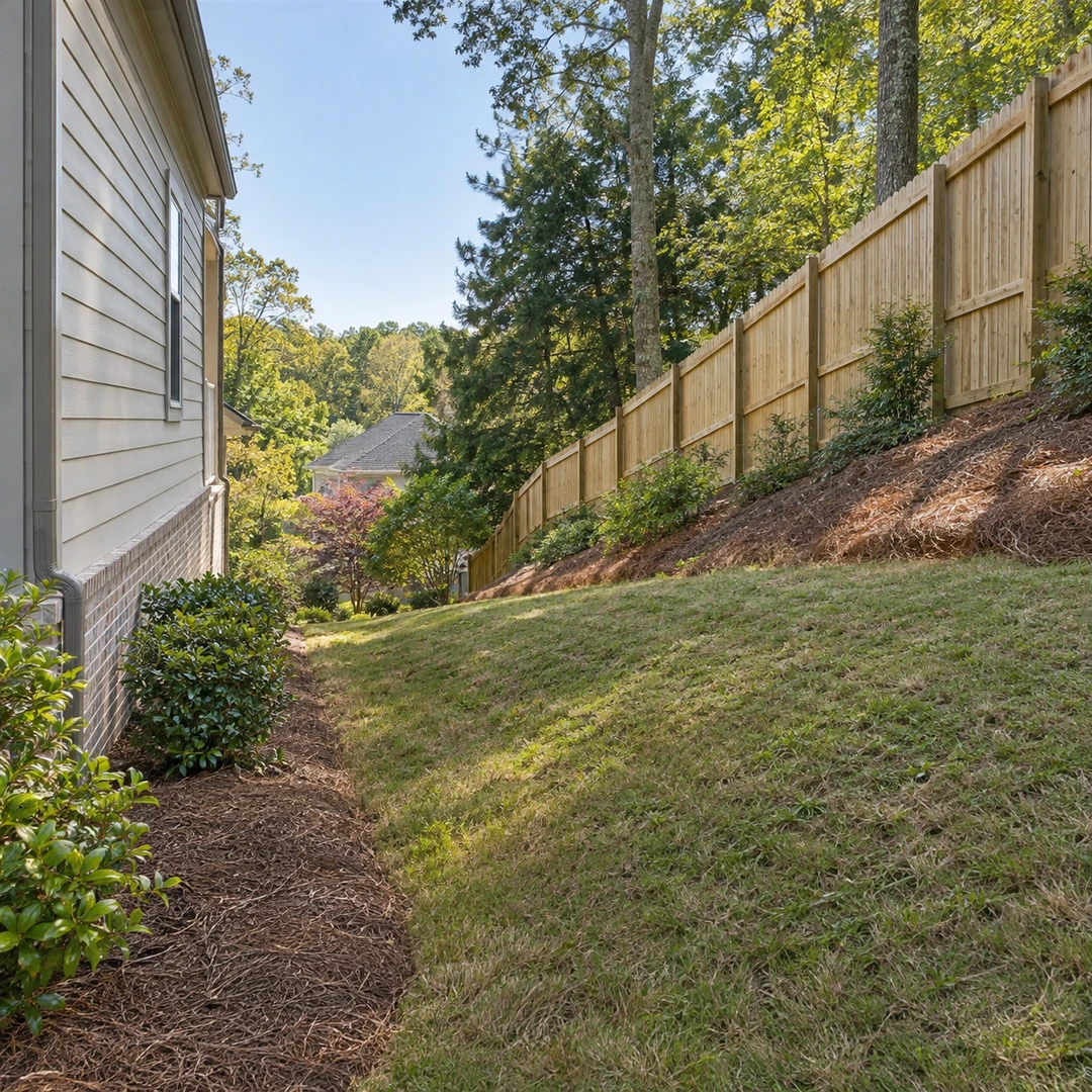 wide view of sloped side yard beside a house and fence with visible grade and unobstructed work access