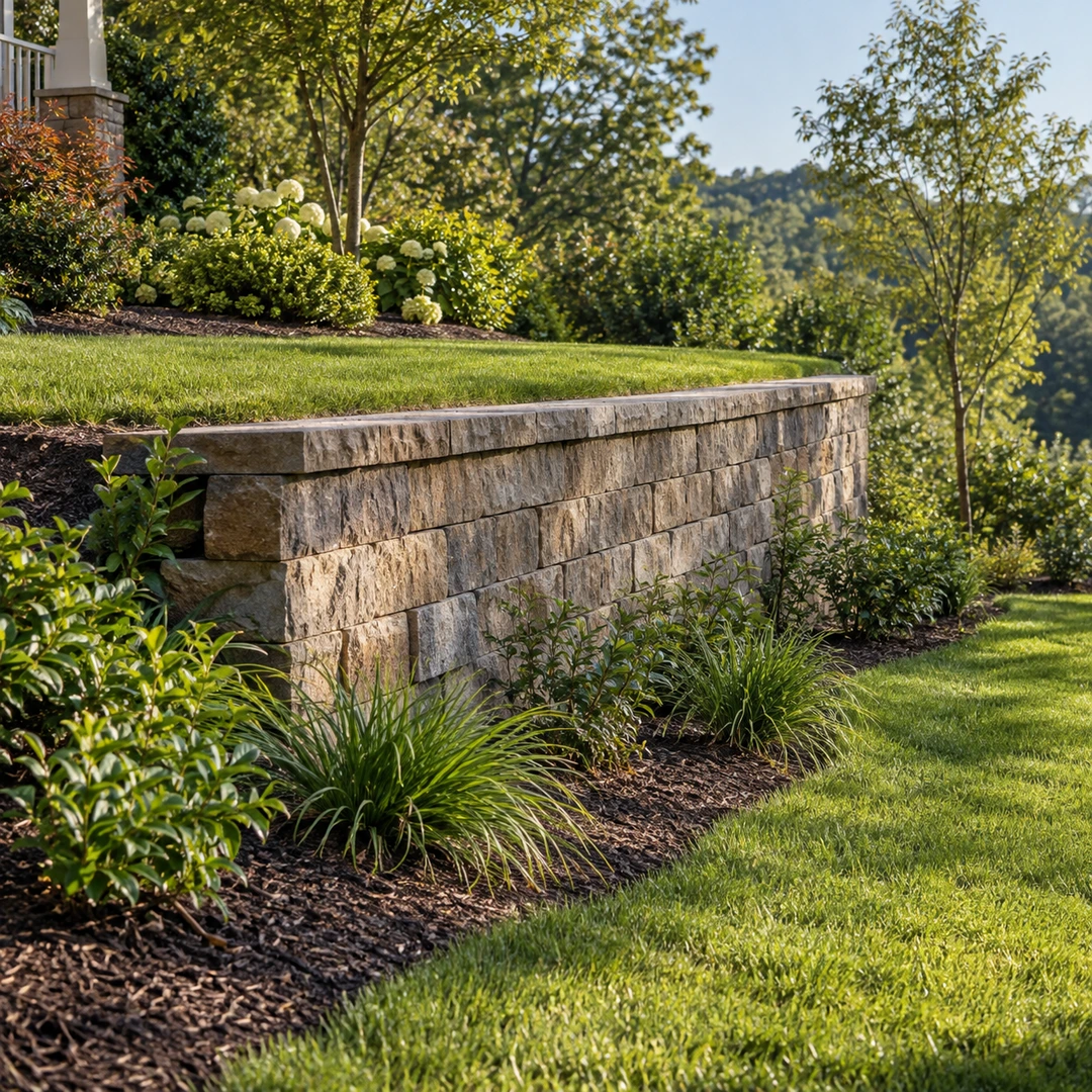 side profile of a terraced yard showing the soil level above and below a retaining wall with grass and planting