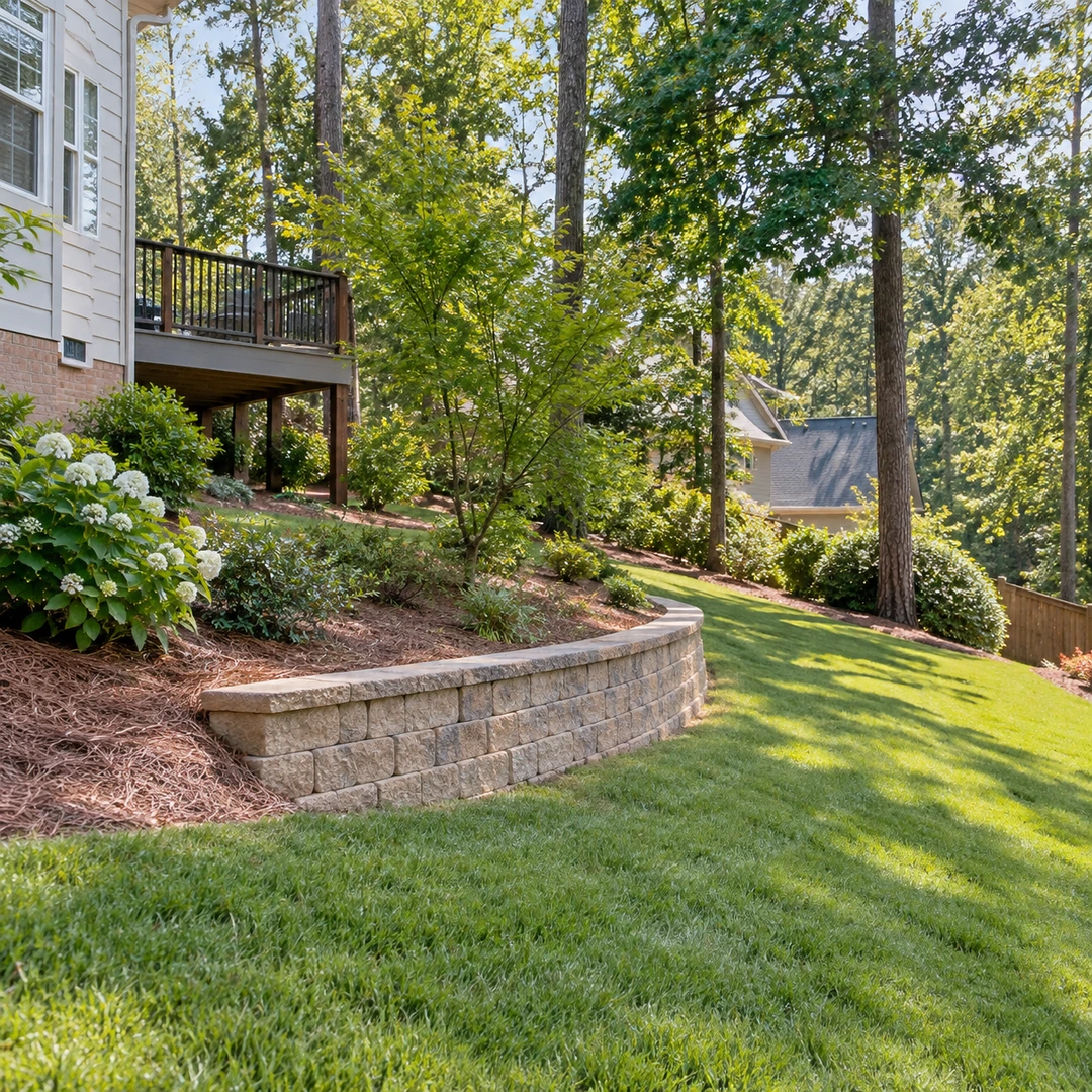 a residential sloping Georgia backyard with a short retaining wall supporting a modest grade transition