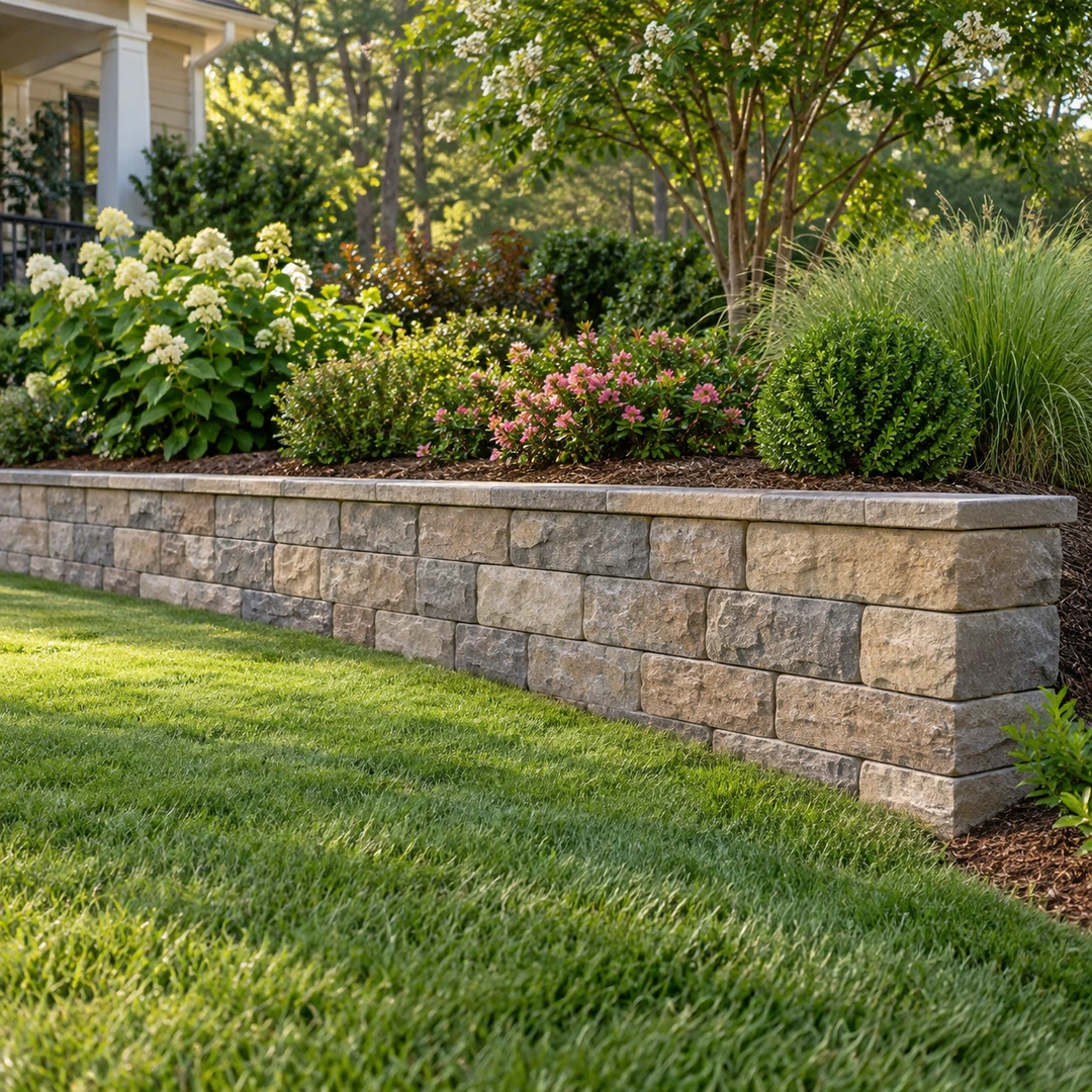 finished garden retaining wall with tidy planting above, level grass below and a clear accessible wall end
