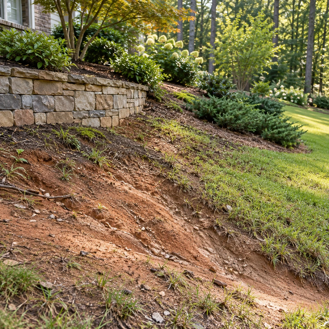 a gently eroded bare soil patch on a sloping Georgia yard near a garden wall with visible runoff marks and no extreme disaster damage