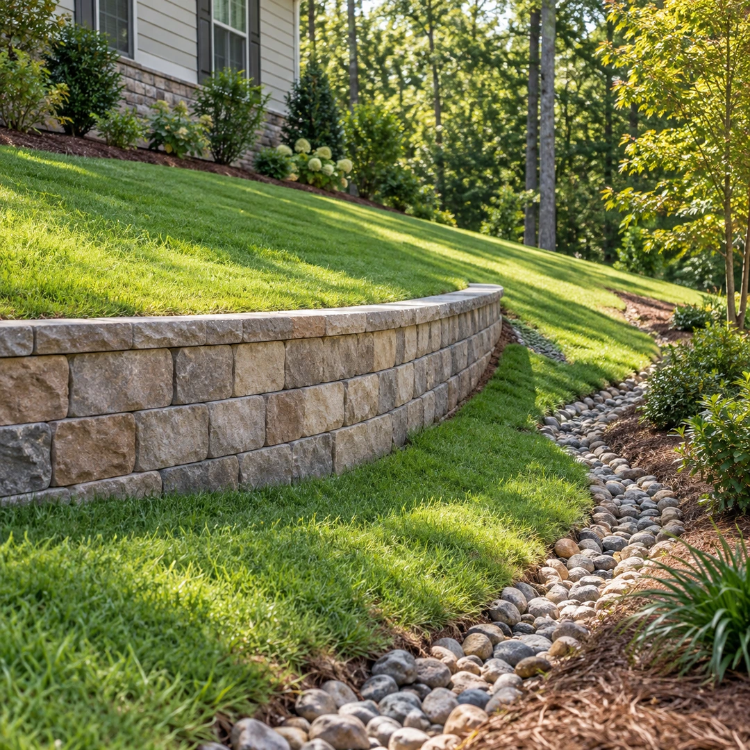 a finished short yard retaining wall with a maintained grass slope and clearly defined shallow surface runoff route away from the wall