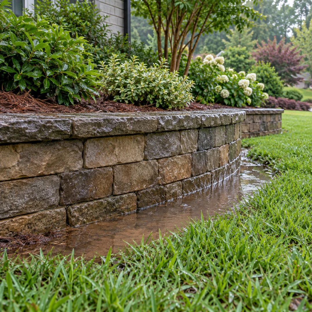 water pooling lightly at the base of a low residential garden wall after rain, visible surrounding lawn grade
