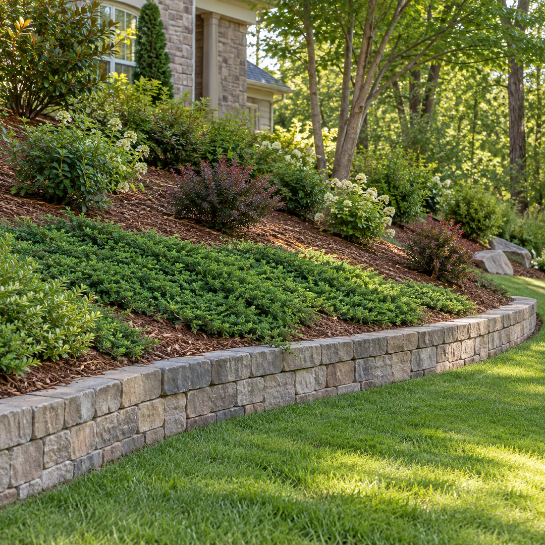 finished planted slope supported by a low retaining wall with groundcover and mulch protecting the soil