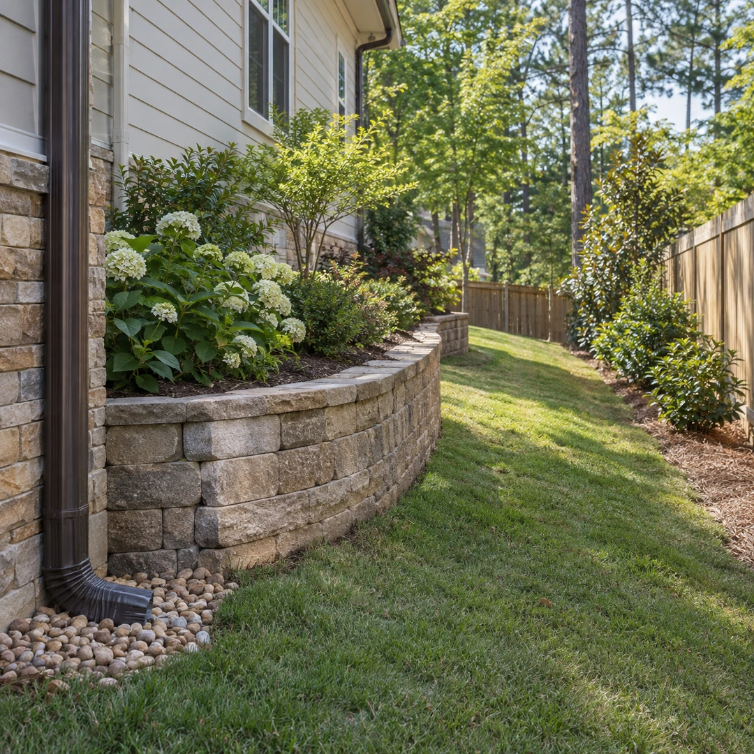 wide Georgia side yard showing a garden wall beside a home, downspout and fence with surface grade visible