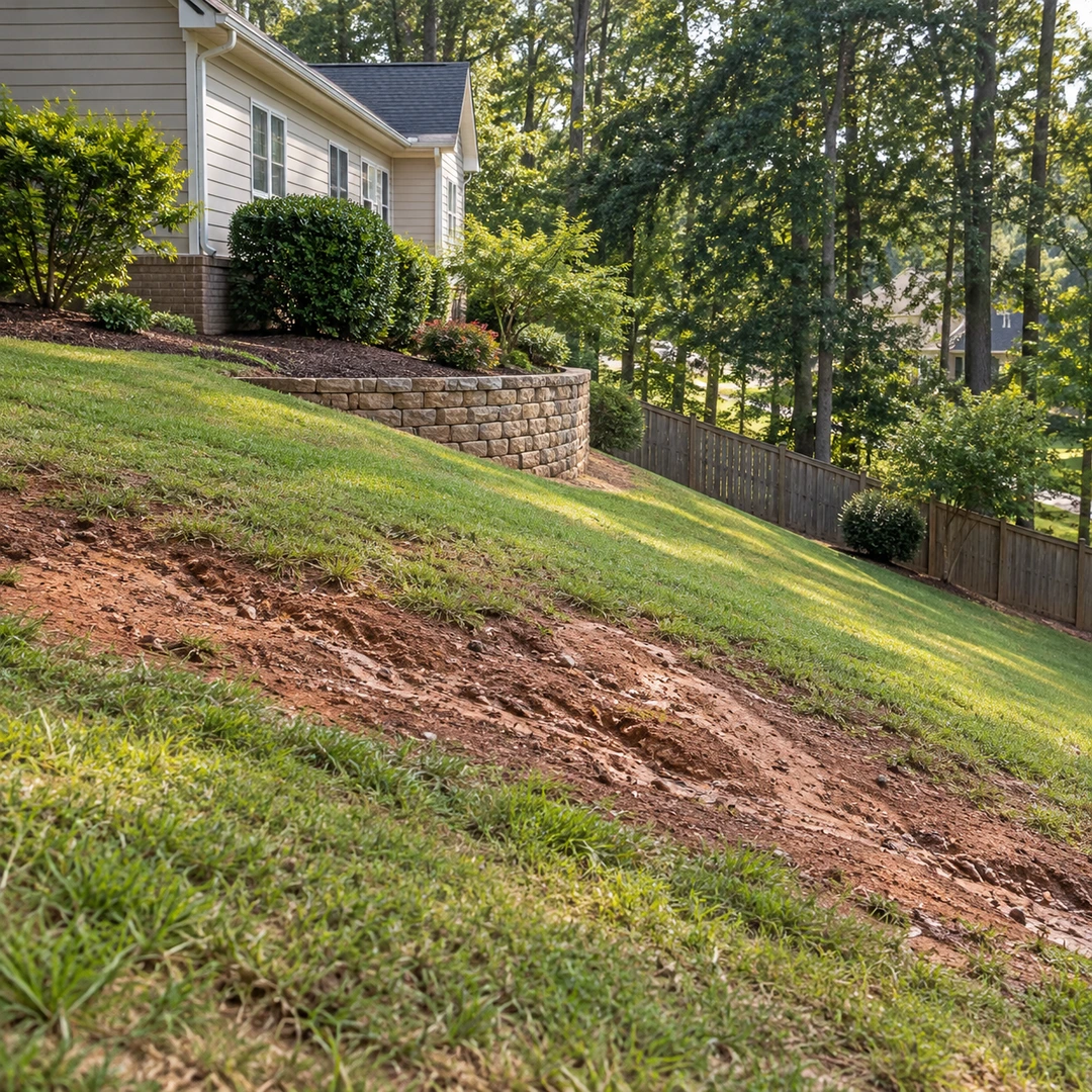 wide sloping side yard in suburban Georgia with a modest home, fence, garden wall and a patch of exposed soil with runoff marks