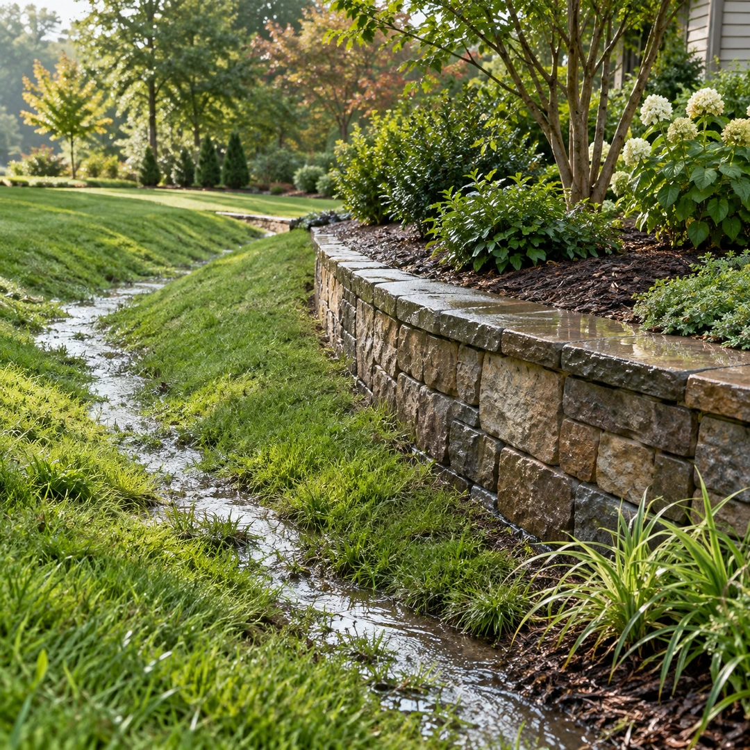 a low landscape wall with a shallow grass swale approaching its end, visible surface runoff path separate from the retained planting bed