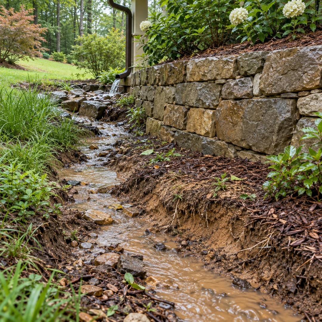 a shallow natural runoff channel beside a garden retaining wall with small areas of washed soil and a clear view of the water source