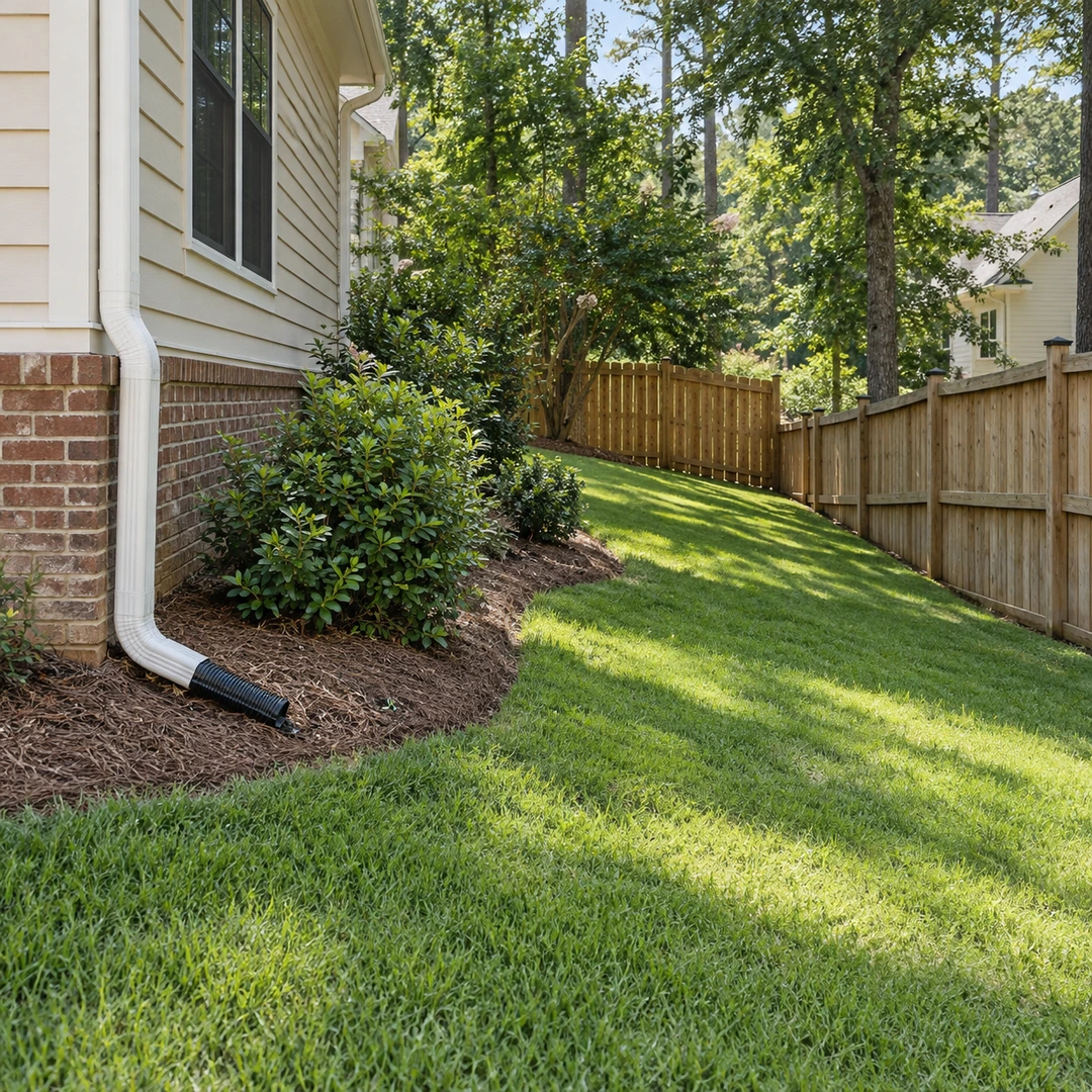 wide view of a Georgia house side yard, downspout, fence and lawn grade with clear access for drain planning