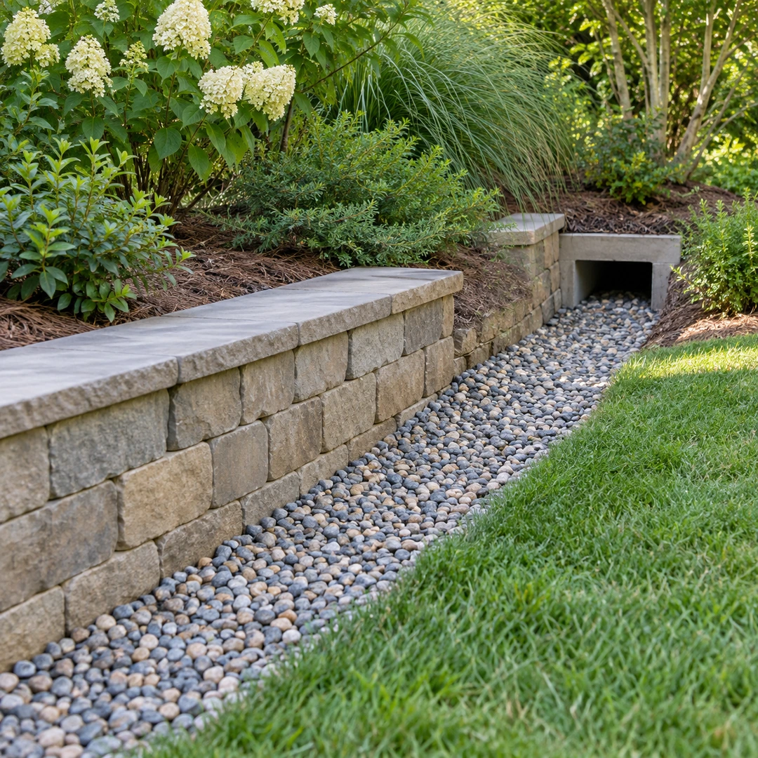 a clear maintained gravel lined runoff route beside a low garden wall with unobstructed outlet and tidy planting