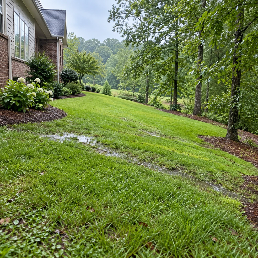 a damp Georgia lawn near a home after rain with an unobstructed downslope route suitable for reviewing drainage