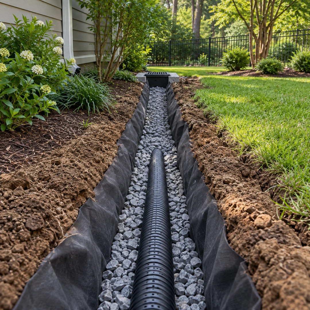 an open narrow French drain trench lined with landscape fabric and clean gravel with realistic perforated pipe inside, residential yard, no active work
