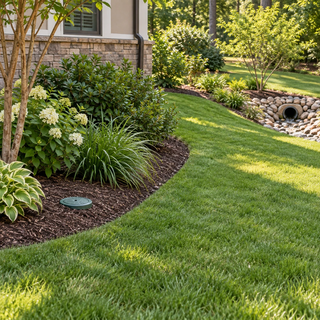 a completed French drain route restored with lawn beside a planting bed with an accessible cleanout and clear outlet