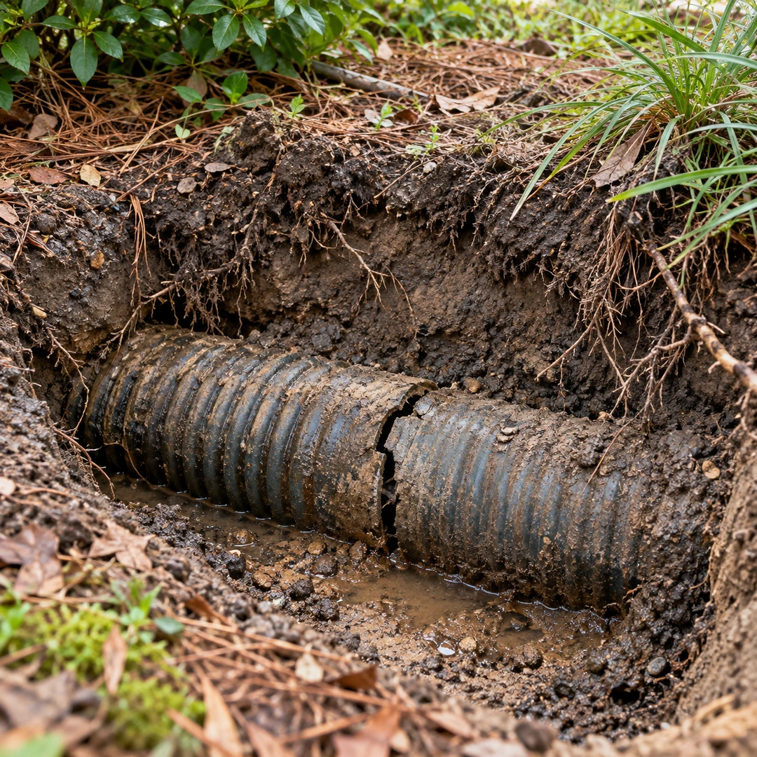 a section of old corrugated drain pipe exposed in a small neat excavation showing a visible cracked joint and surrounding damp soil