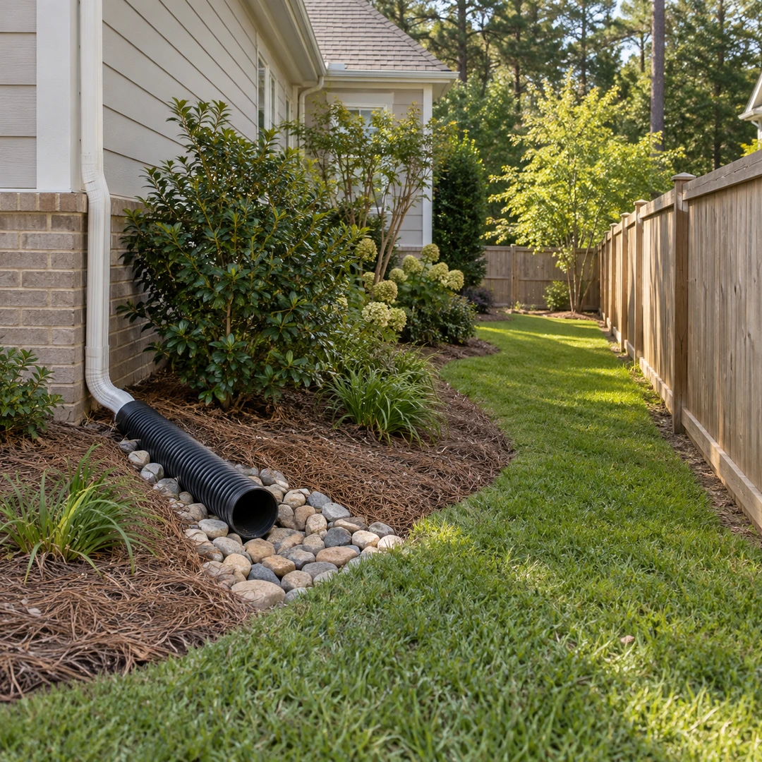 wide side yard in suburban Georgia showing a home, fence and accessible exposed drainage pipe section beside a planting bed