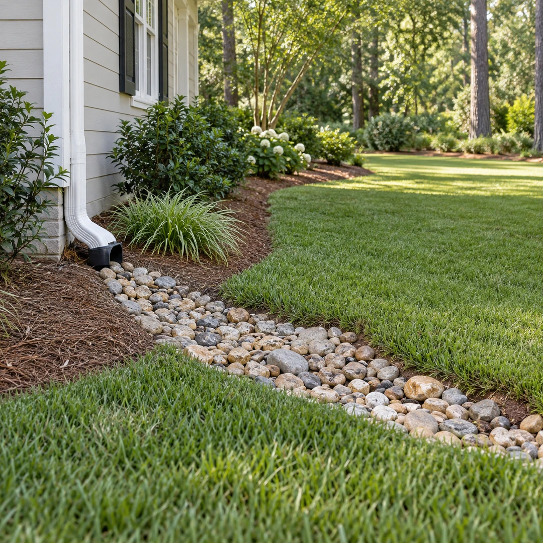 a restored lawn drainage route beside a home after pipe repair with accessible outlet, clear surface path and no puddling